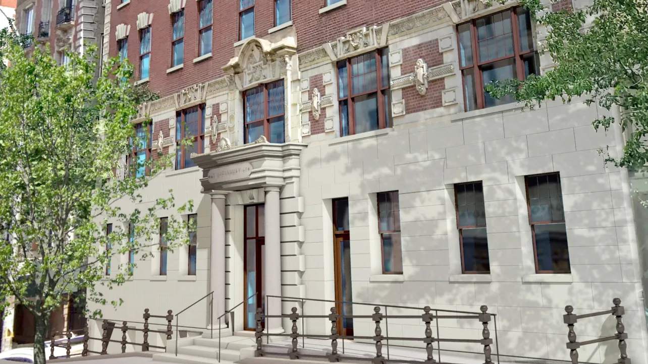 A rendering of the exterior renovation of 611 W. 112th Street, a historic building in Morningside Heights with brick and granite.