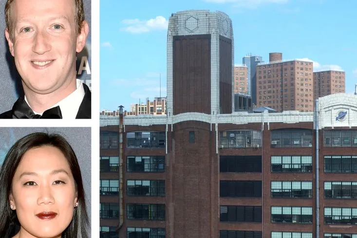 Headshots of Mark Zuckerberg and Priscilla Chan, next to an image of the Studebaker Building.