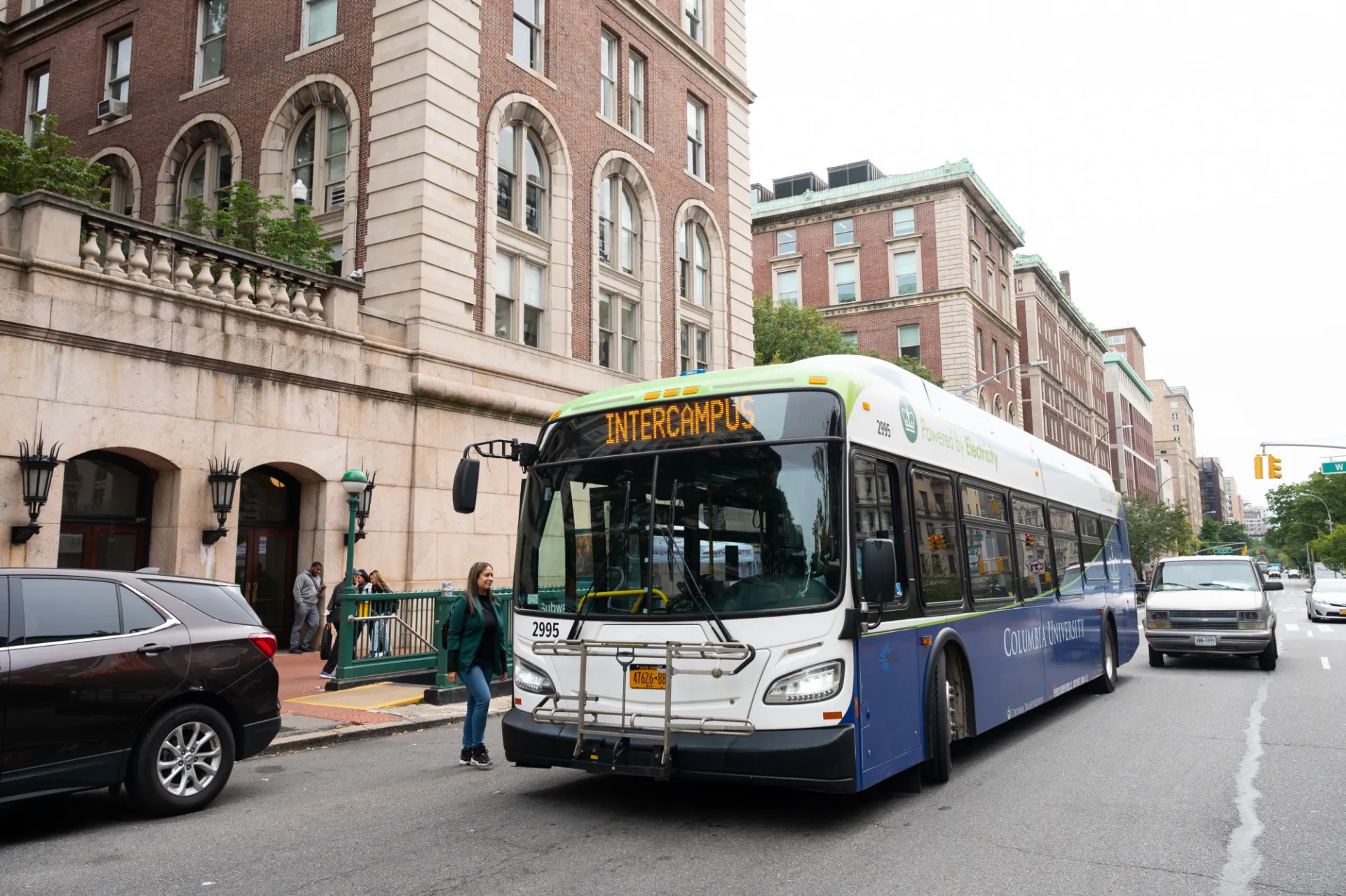 The Columbia Intercampus shuttle bus drives by Columbia's Morningside campus.