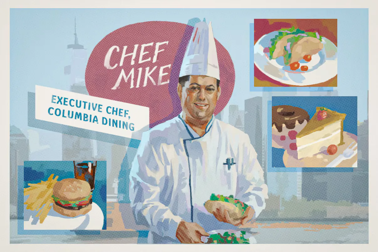 An illustrated post card of Chef Mike holding a sub. 