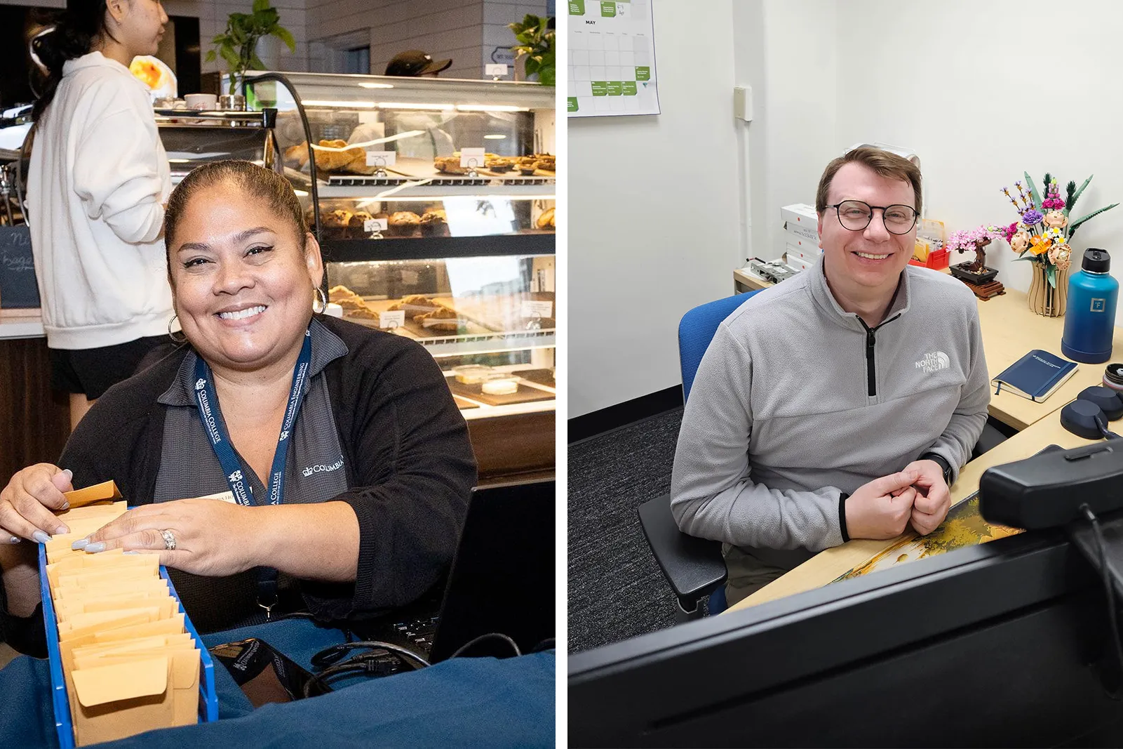 A side by side photo of Dayana sorting through envelopes in Cafe 212, and Justin at his desk.
