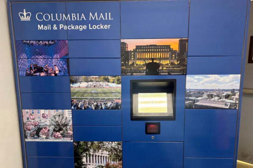 A blue Columbia Mail package locker with photos of campus on it.