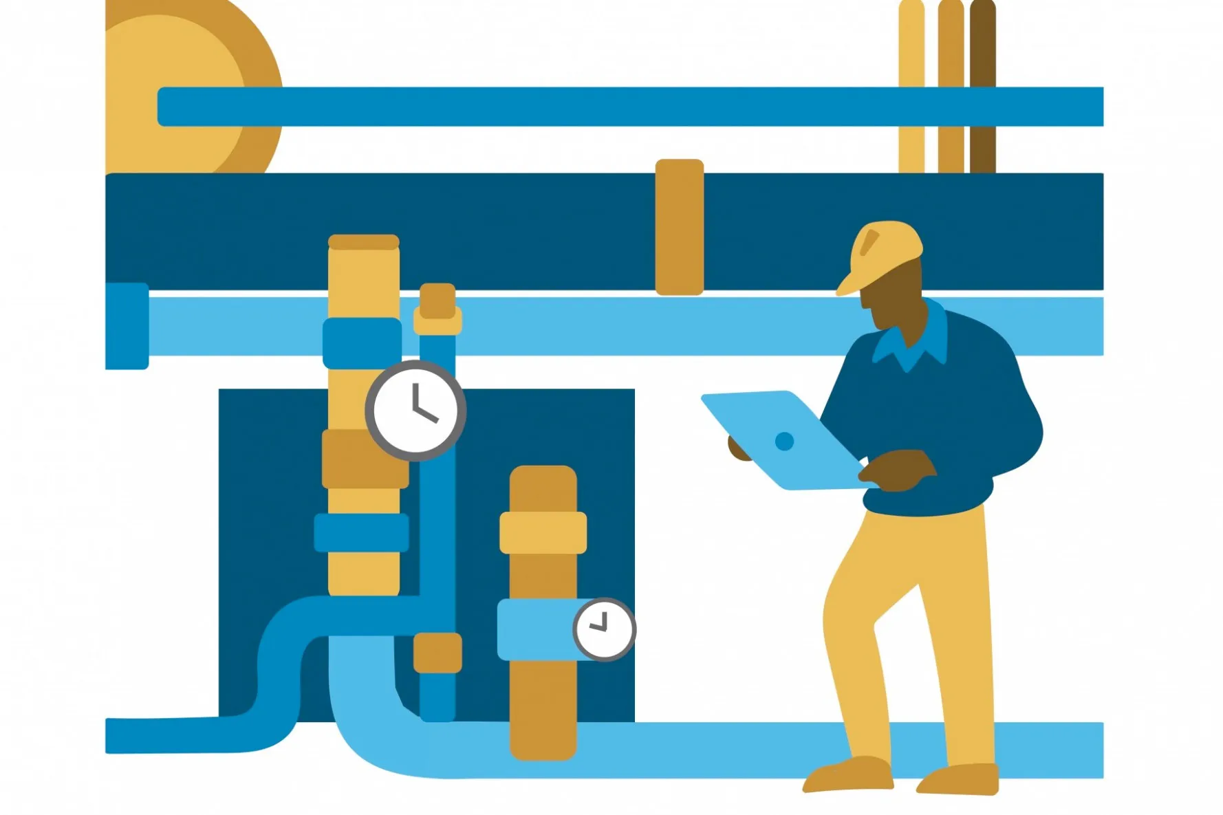 A graphic of a man checking the pipe levels. 