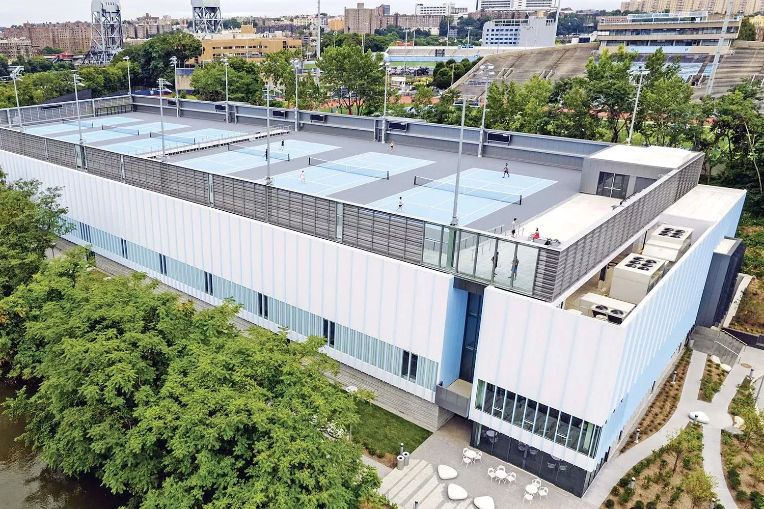 An aerial view of the new Tennis Center constructed at Baker Athletics Complex.