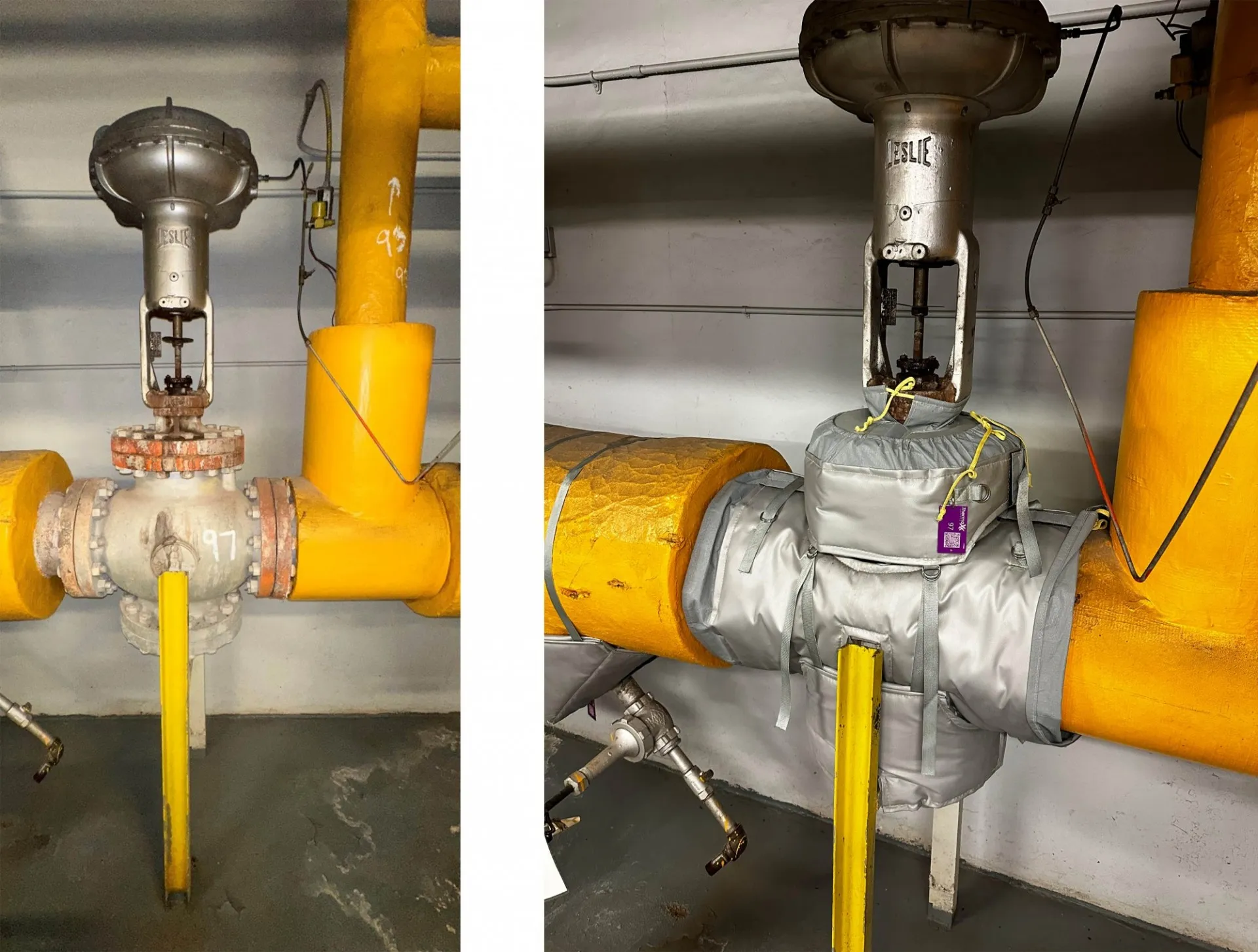  Before and after comparison of the steam pipes; photo on right shows a new valve jacket.